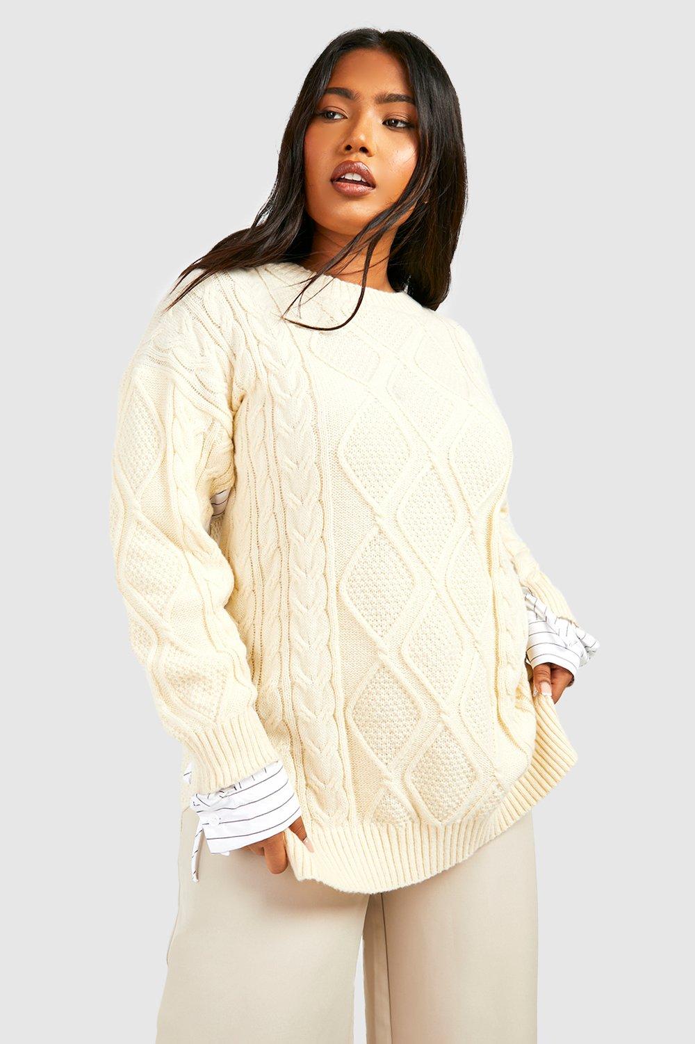 Plus Cable Knit Ruched Shirt Detail Sweater boohoo