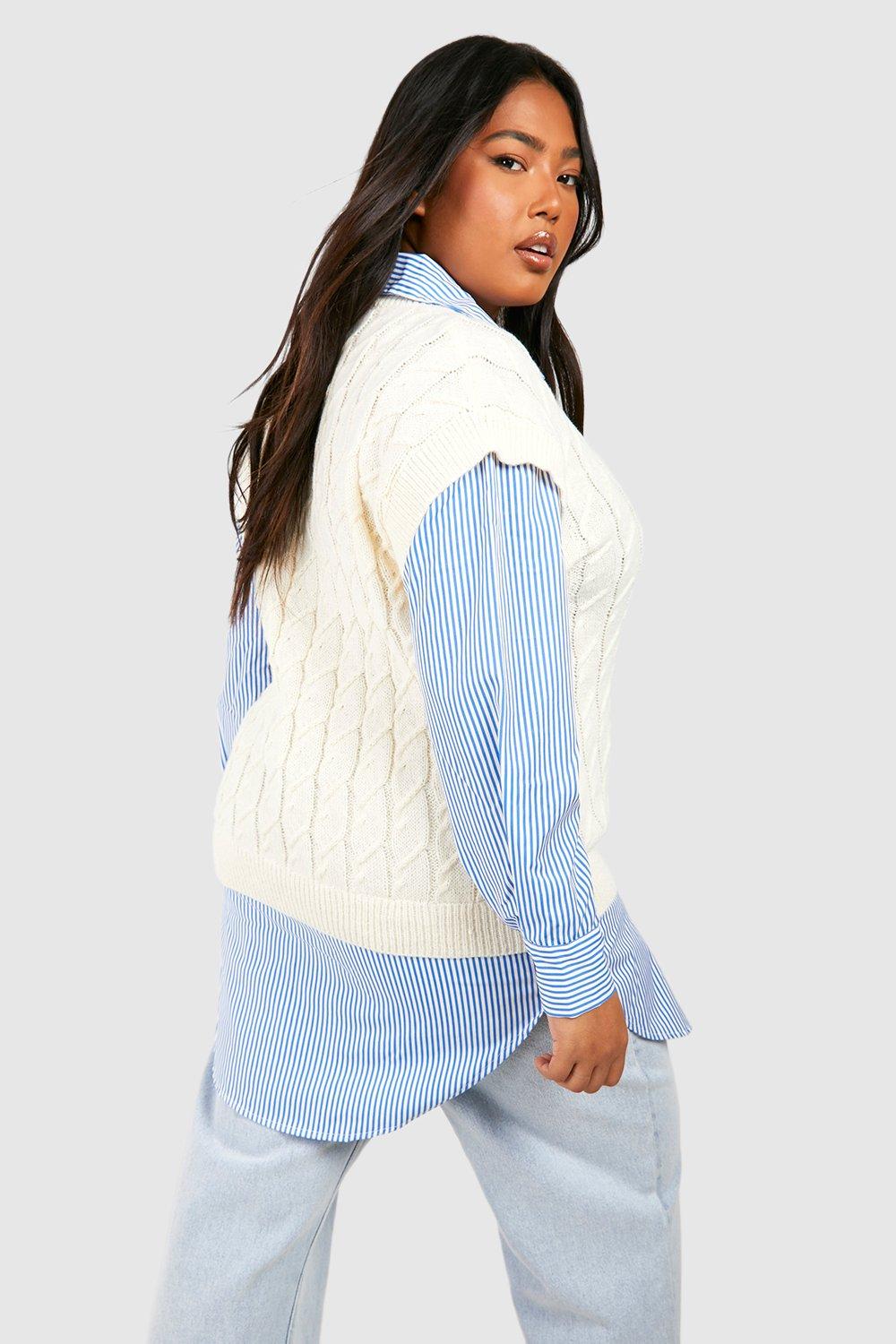 Women s Plus Knitted Vest Stripe Shirt Jumper Boohoo UK