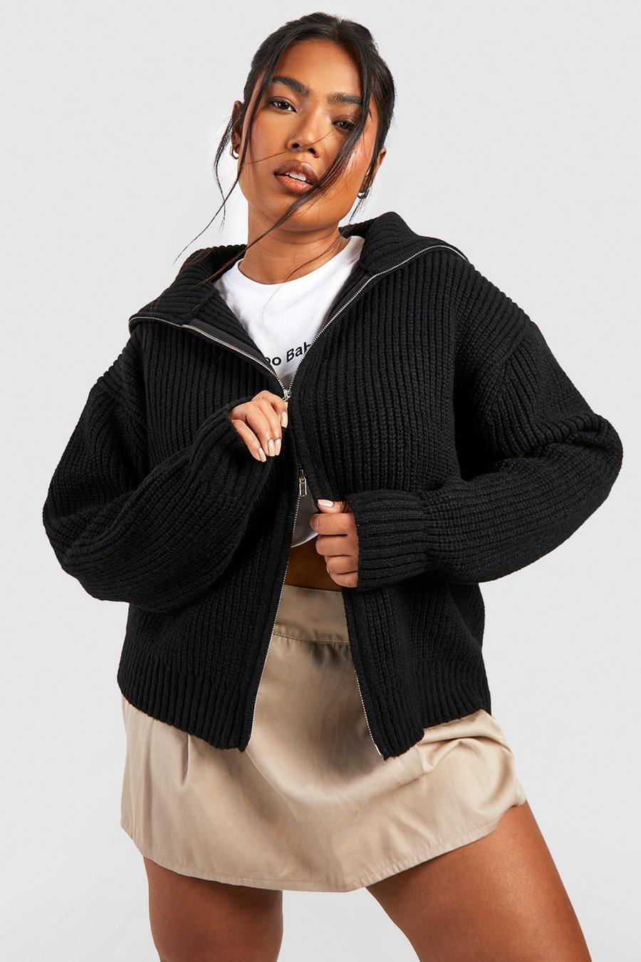 Cardigan Plus Size in maglia spessa con zip, Black image number 1