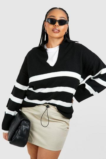 Plus Stripe Collared V Neck Sweater black