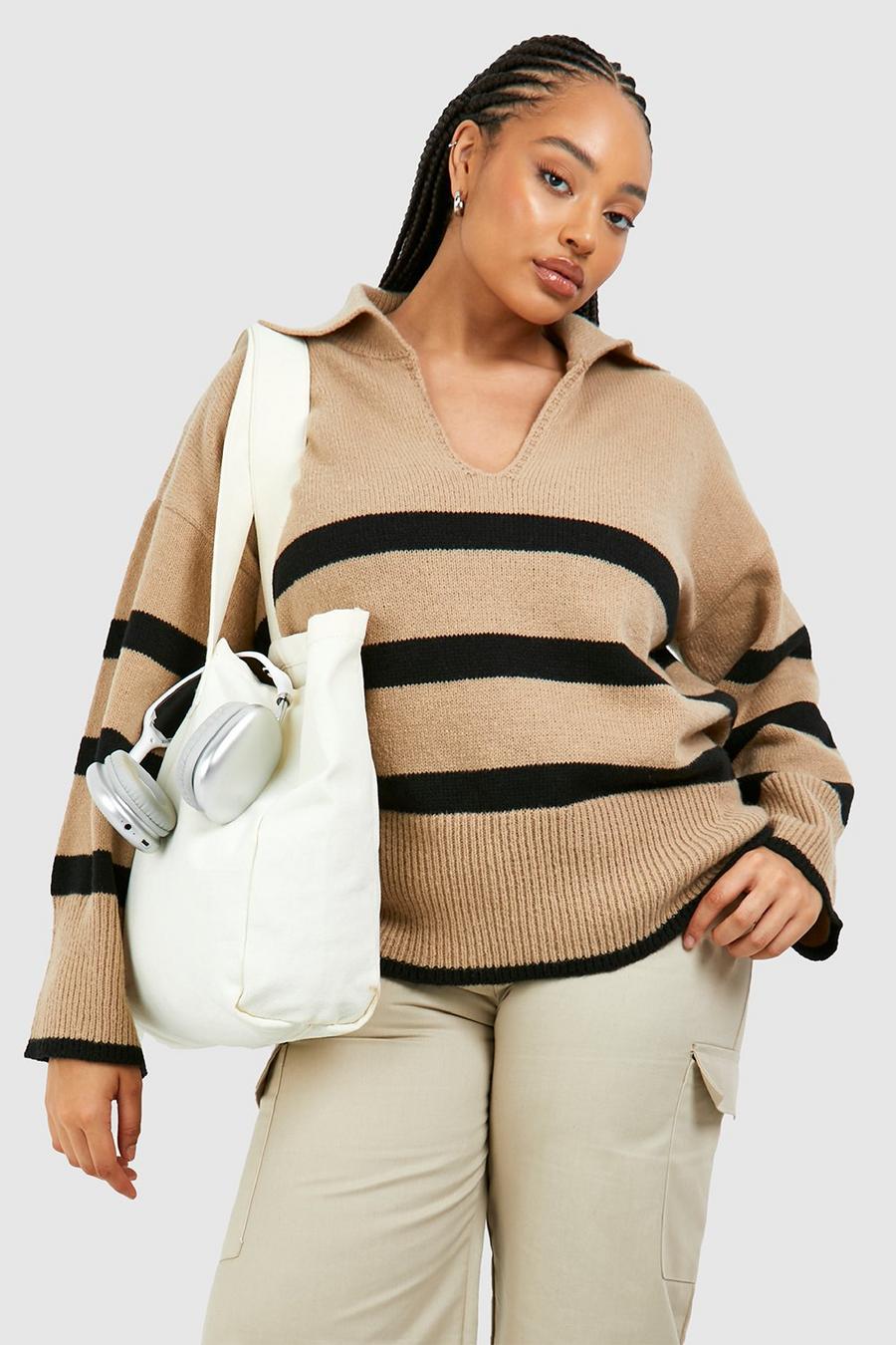 Camel Plus Stripe Collared V Neck Sweater image number 1