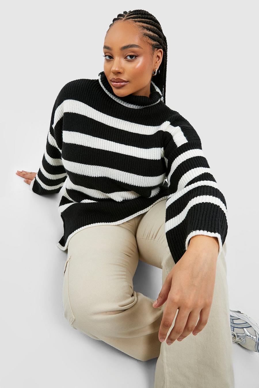 Black Plus High Neck Stripe Sweater