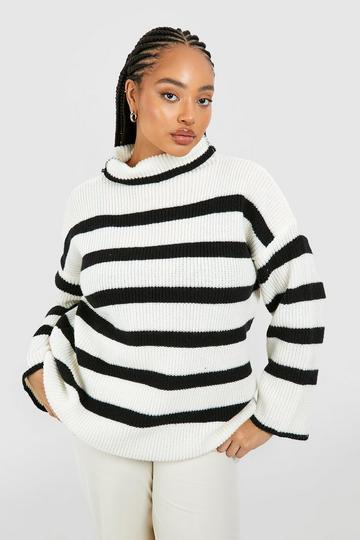 Plus High Neck Stripe Sweater white