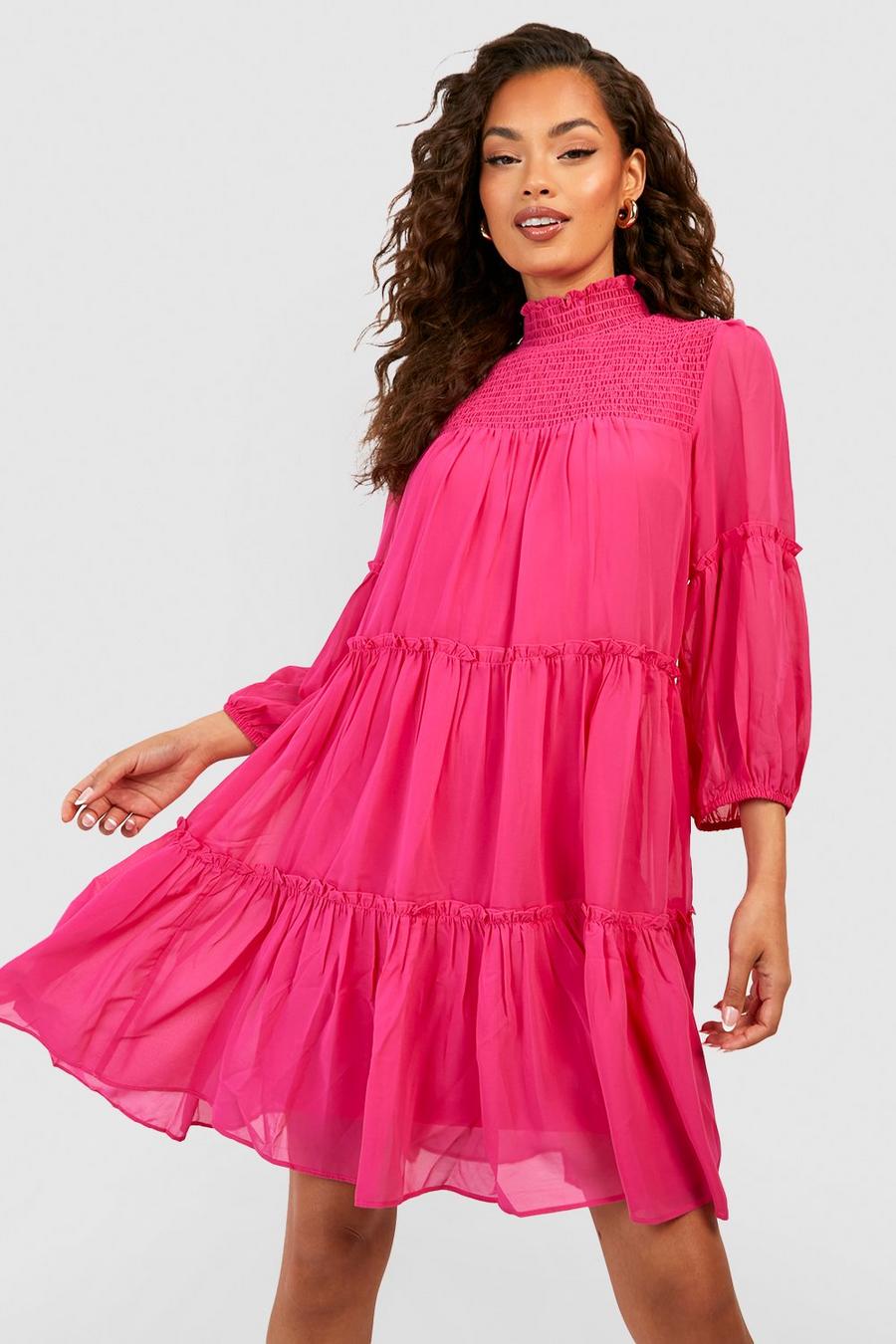 Pink Shirred Tiered Detail Smock Dress 