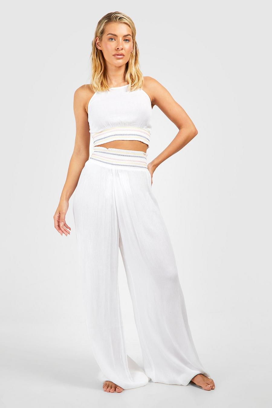 White Tape Trim Top & Wide Leg Pants Beach Co-Ord image number 1