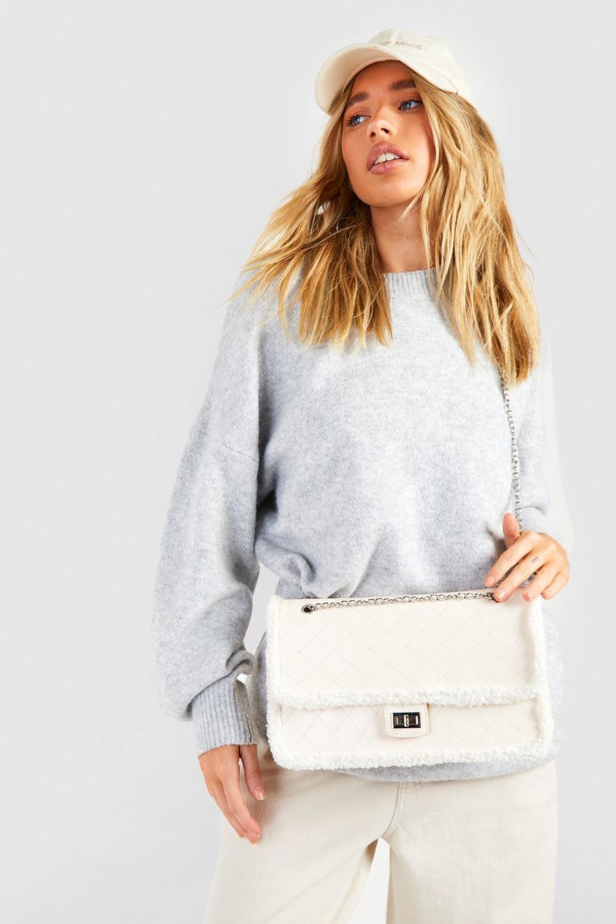 Cream white Shearling Trim Quilted Crossbody Bag