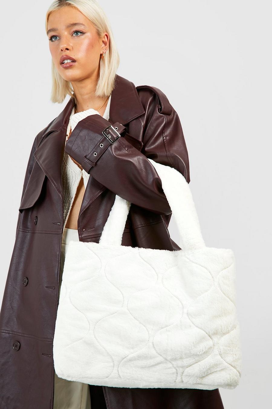 Cream Quilt Detail Faux Fur Bag image number 1