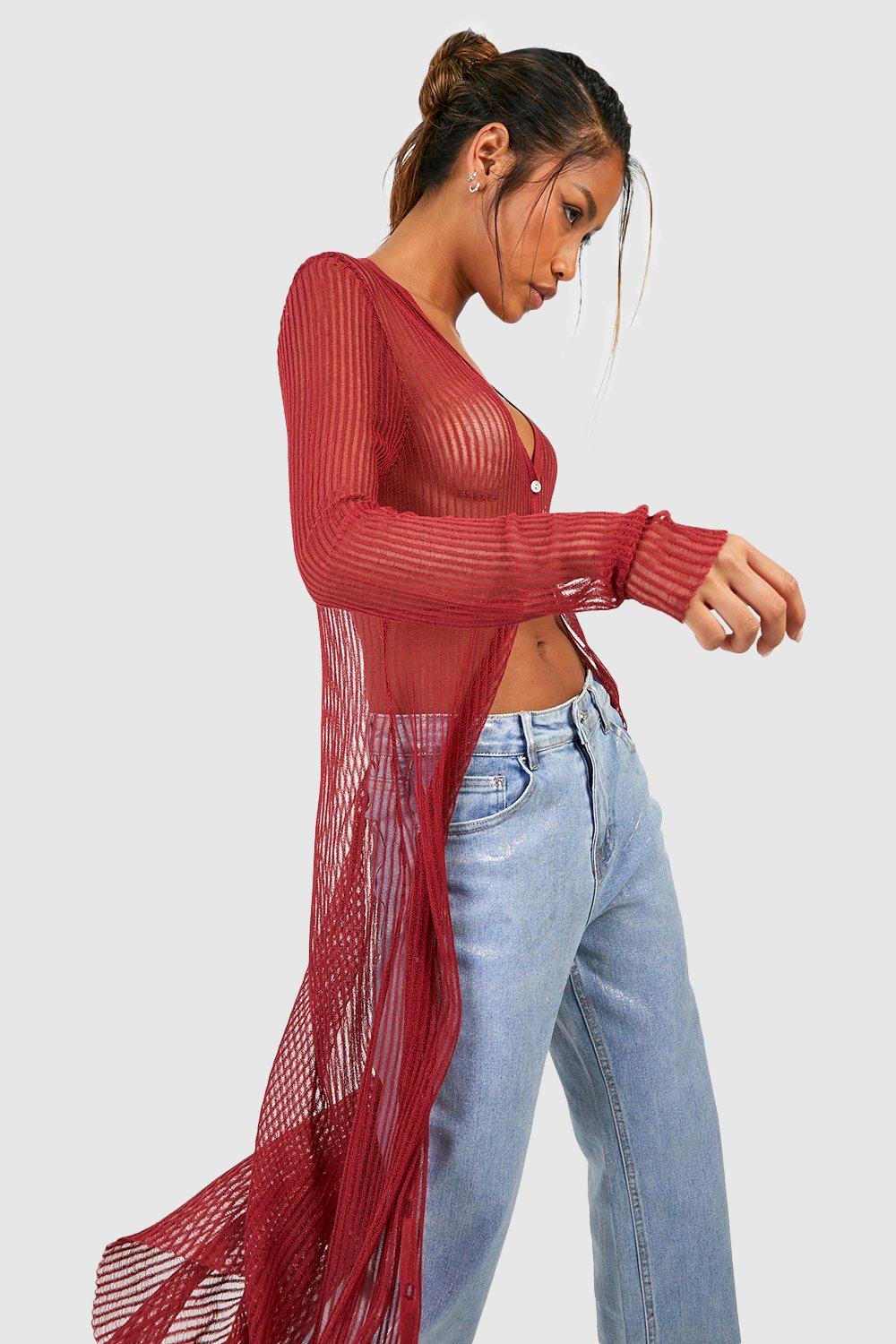 Sheer red cardigan sale