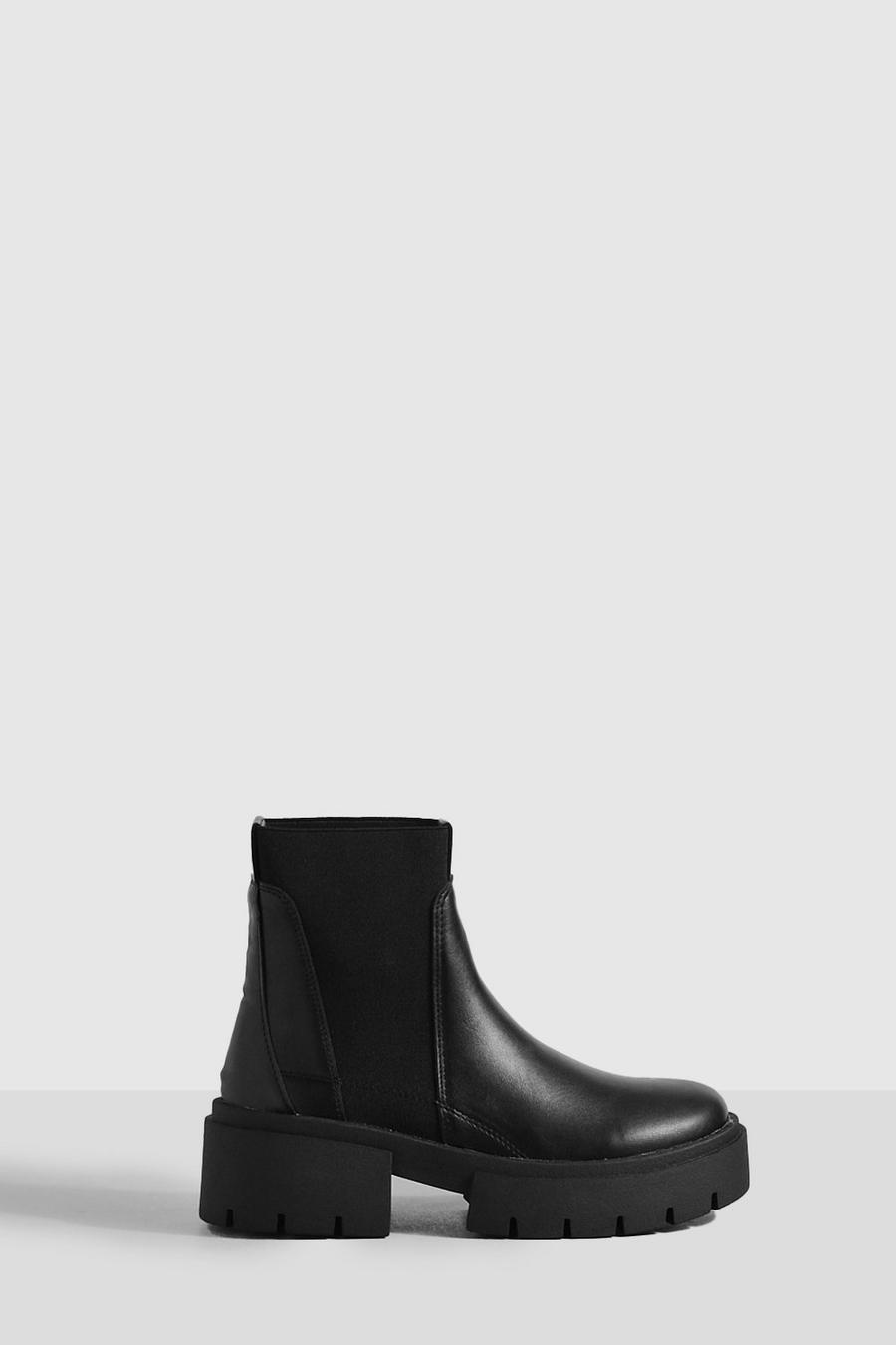 Black Wide Width Knit Detail Chunky Chelsea Boots