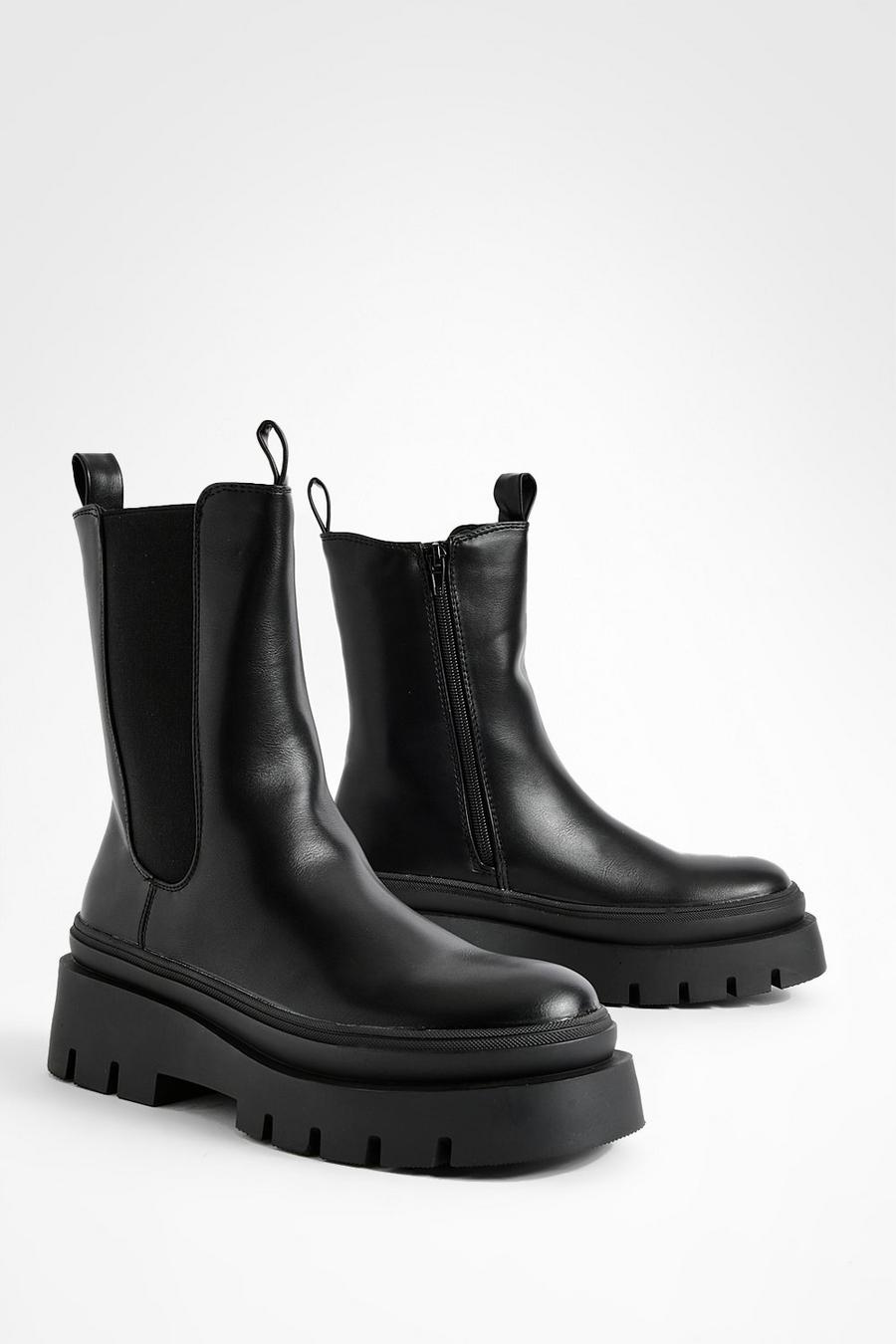 Black Double Sole Calf Height Chunky Chelsea Boots