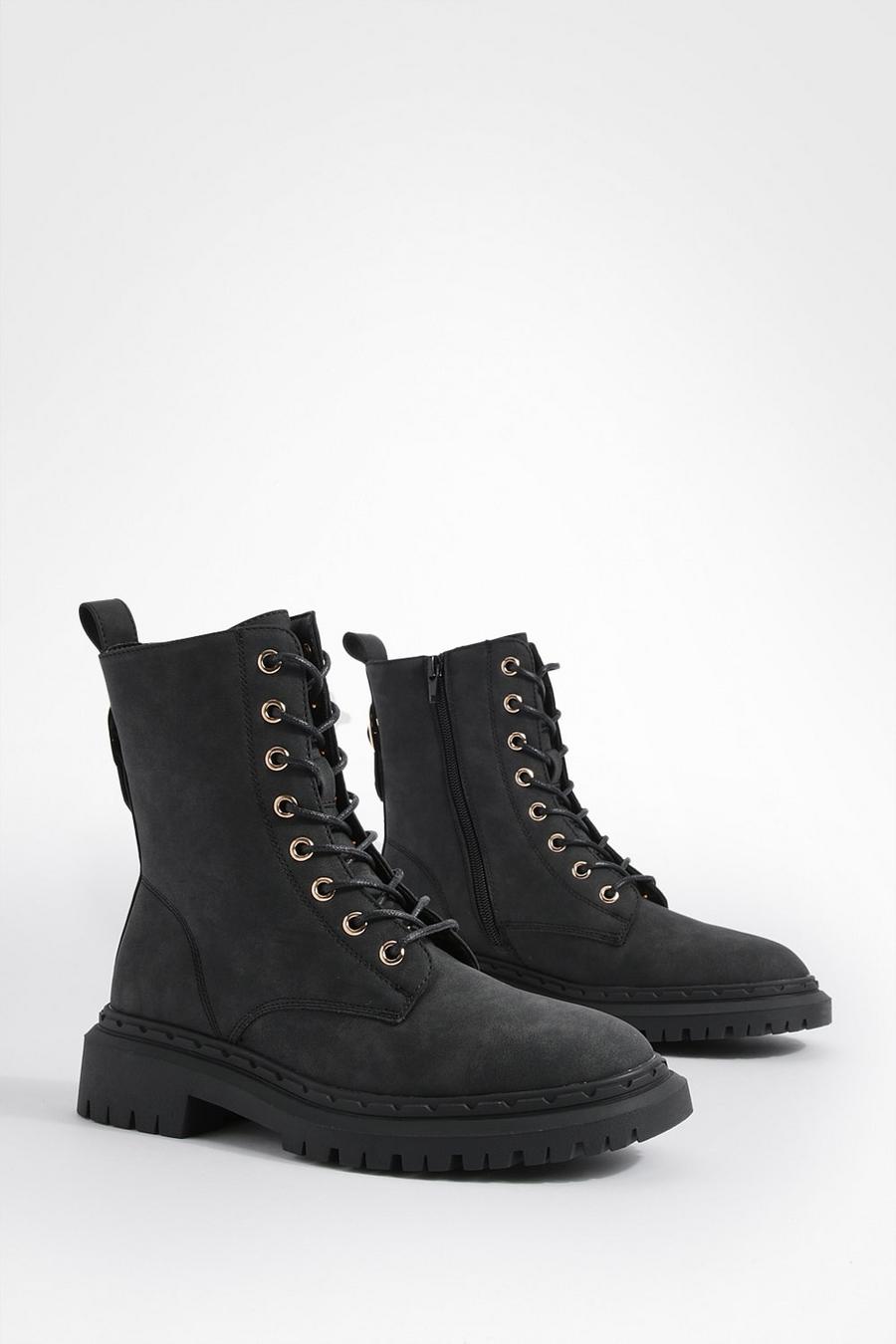 Black noir Cleated Rand Detail Lace Up Hiker Boots 