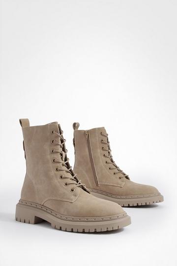 Lug Rand Detail Lace Up Combat Boots taupe
