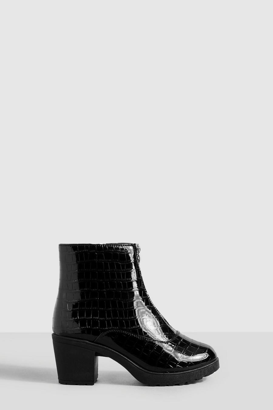 Black noir Croc Zip Front Ankle Boots