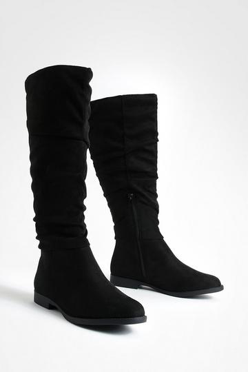 Black Faux Suede Slouchy Knee High Flat Boots