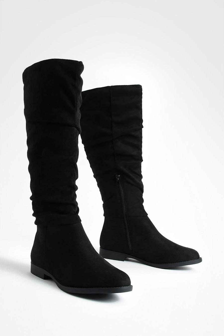 Black Slouchy Knee High Flat Boots