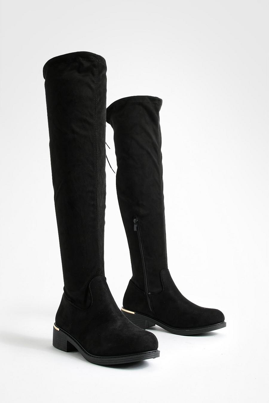 Black Metal Heel Detail Stretch Over The Knee Boots image number 1