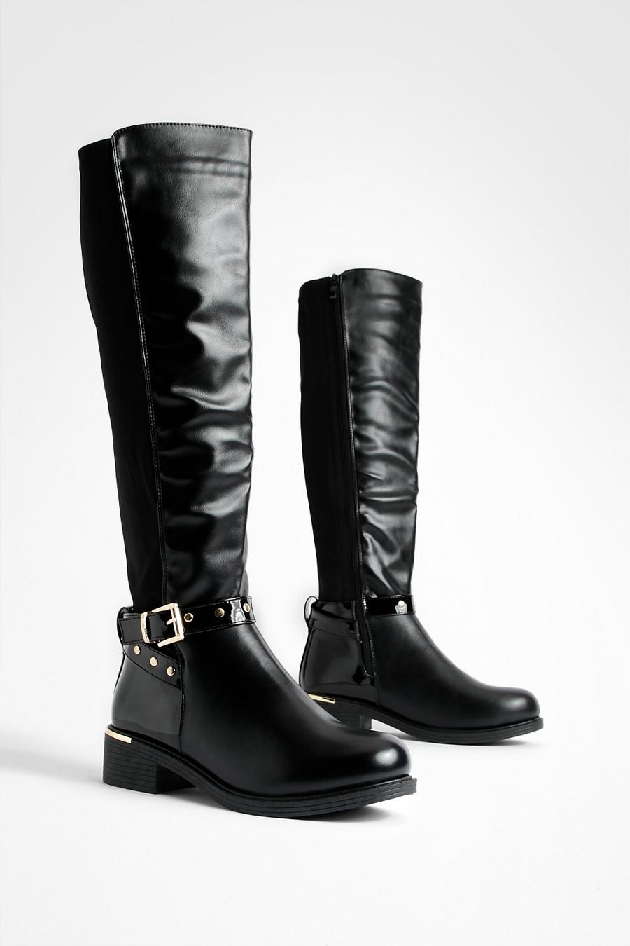 Black Stud And Buckle Detail Stretch Panel Knee High Boots