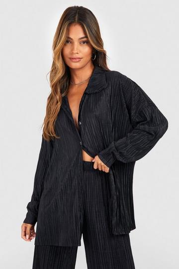 Plisse Oversized Relaxed Fit Shirt black