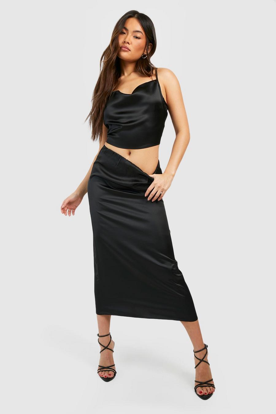 Black Satin Floaty Midi Skirt image number 1