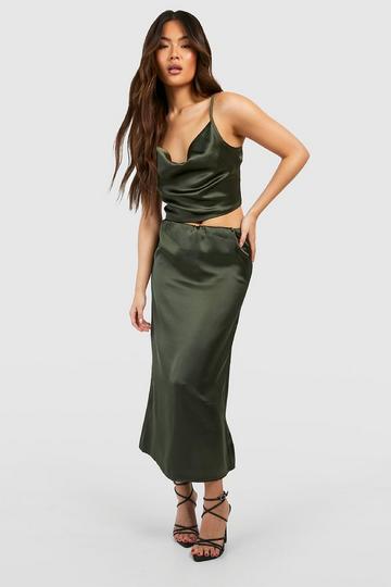 Satin Floaty Midi Skirt khaki