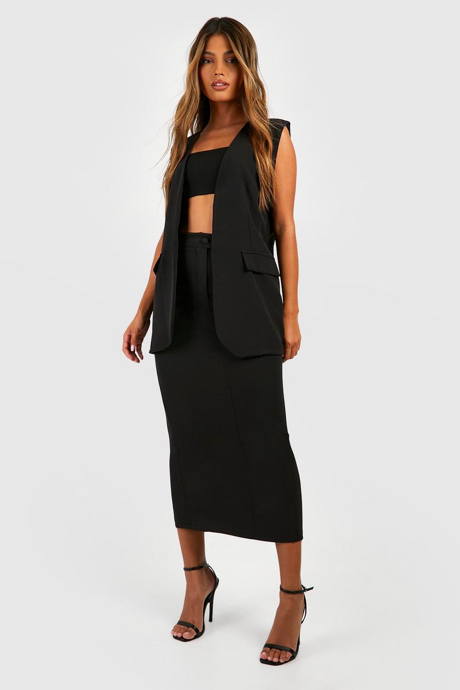 Black Split Back Tailored Midi Skirt image number 1