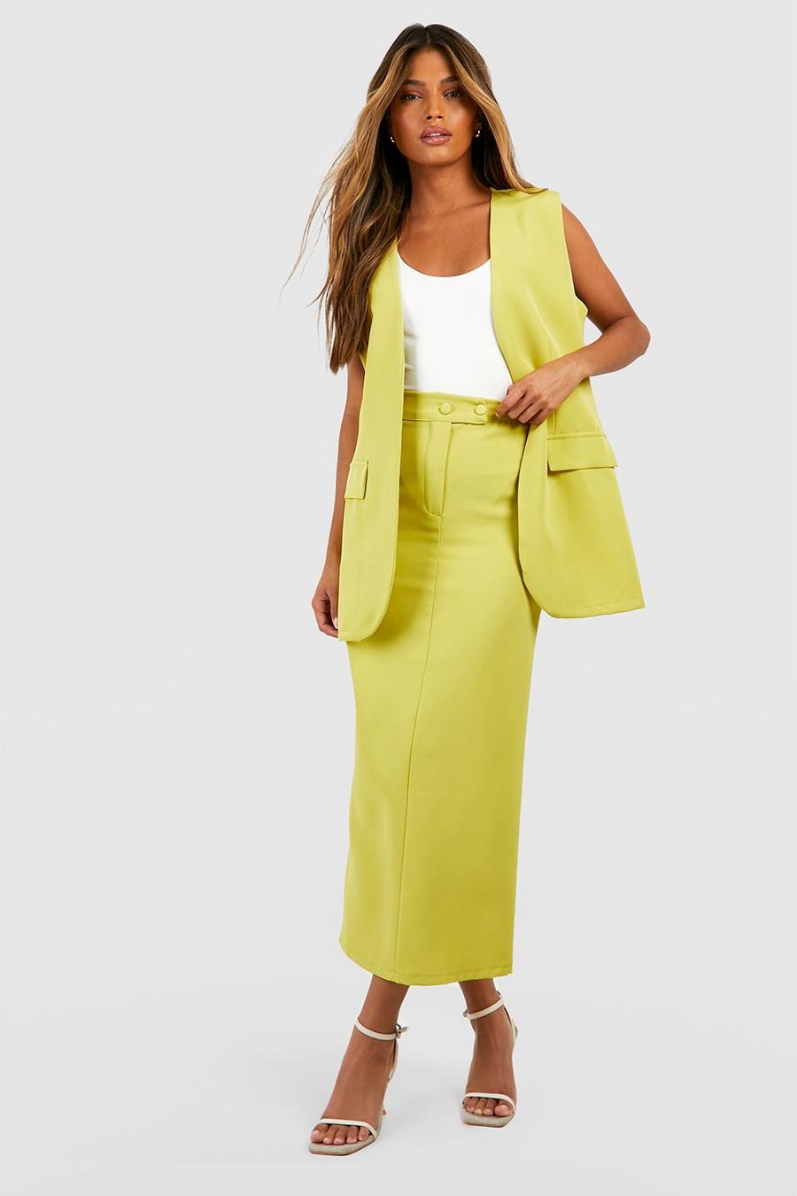 Soft lime yellow Split Back Tailored Midaxi Skirt 