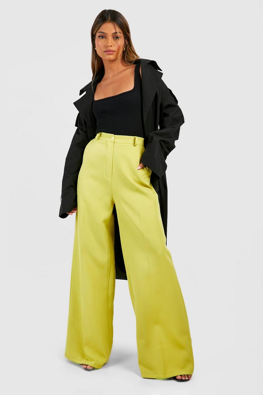 Soft lime yellow Pintuck Straight Leg Tailored Trousers 