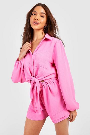 Pink Hammered Volume Sleeve Oversized Shirt & Shorts Set