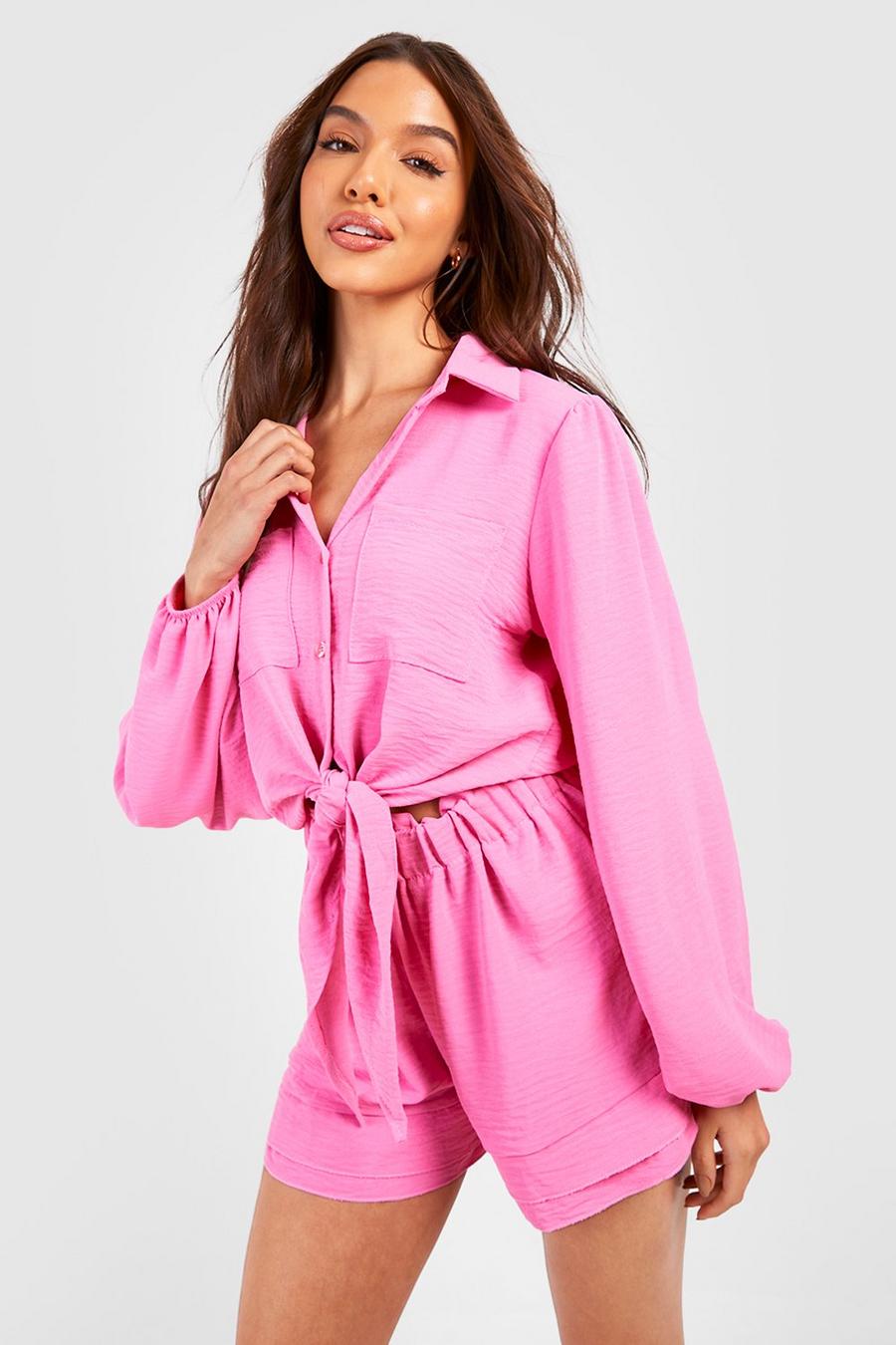 Candy pink Hammered Puff Sleeve Oversized Shirt & Shorts Set
