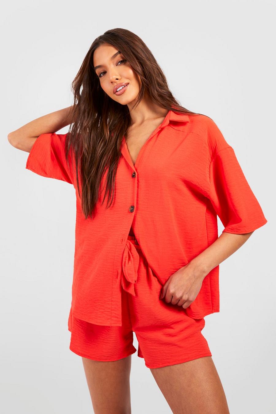 Camicia rilassata effetto martellato & pantaloncini con laccetti in vita, Red orange