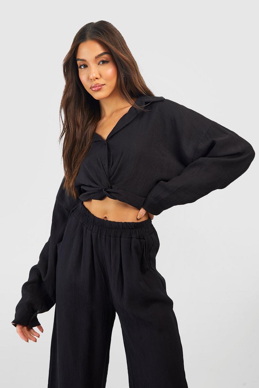 Black Crinkle Knot Front Cropped Shirt 