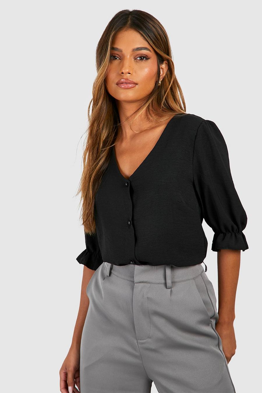 Black Hammered Puff Sleeve Button Front Blouse
