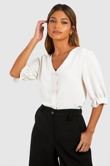 Cream White Hammered Puff Sleeve Button Front Blouse