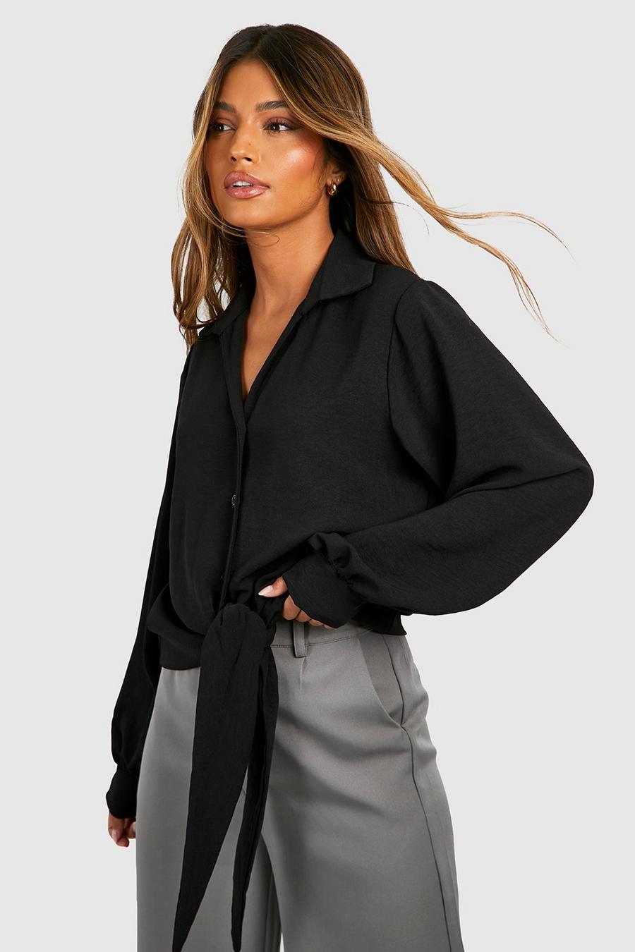 Black Hammered Tie Front Puff Sleeve Shirt