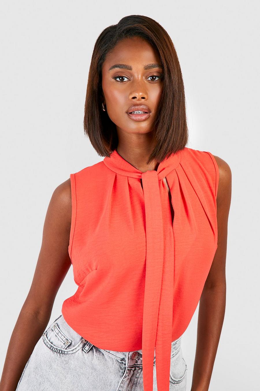 Red orange Hammered Tie Neck Woven Blouse image number 1