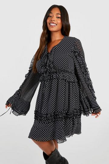 Plus Polka Dot Printed Chiffon Ruffle Smock Dress black