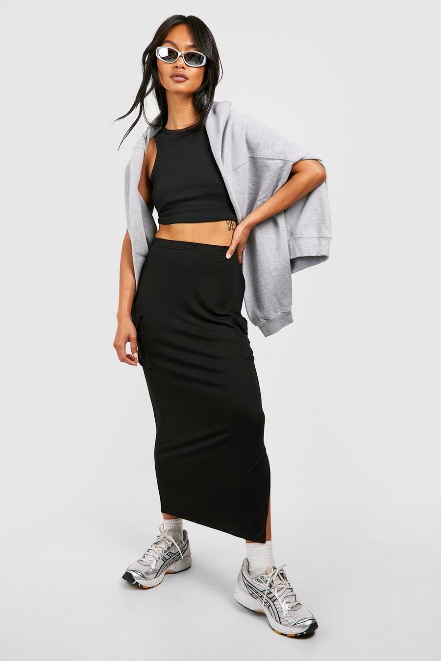 Black Split Hem Cargo Jersey Knit Midi Skirt