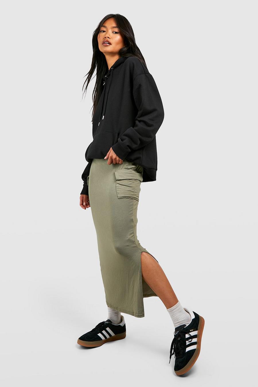Khaki kaki Split Hem Cargo Jersey Midaxi Skirt