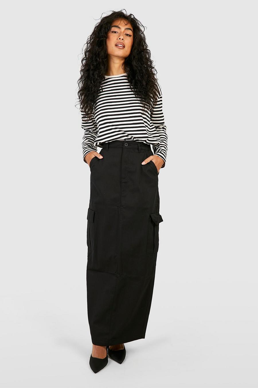 Black High Waisted Twill Cargo Midi Skirt image number 1