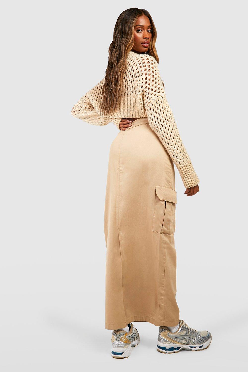 High Waisted Twill Cargo Midi Skirt boohoo
