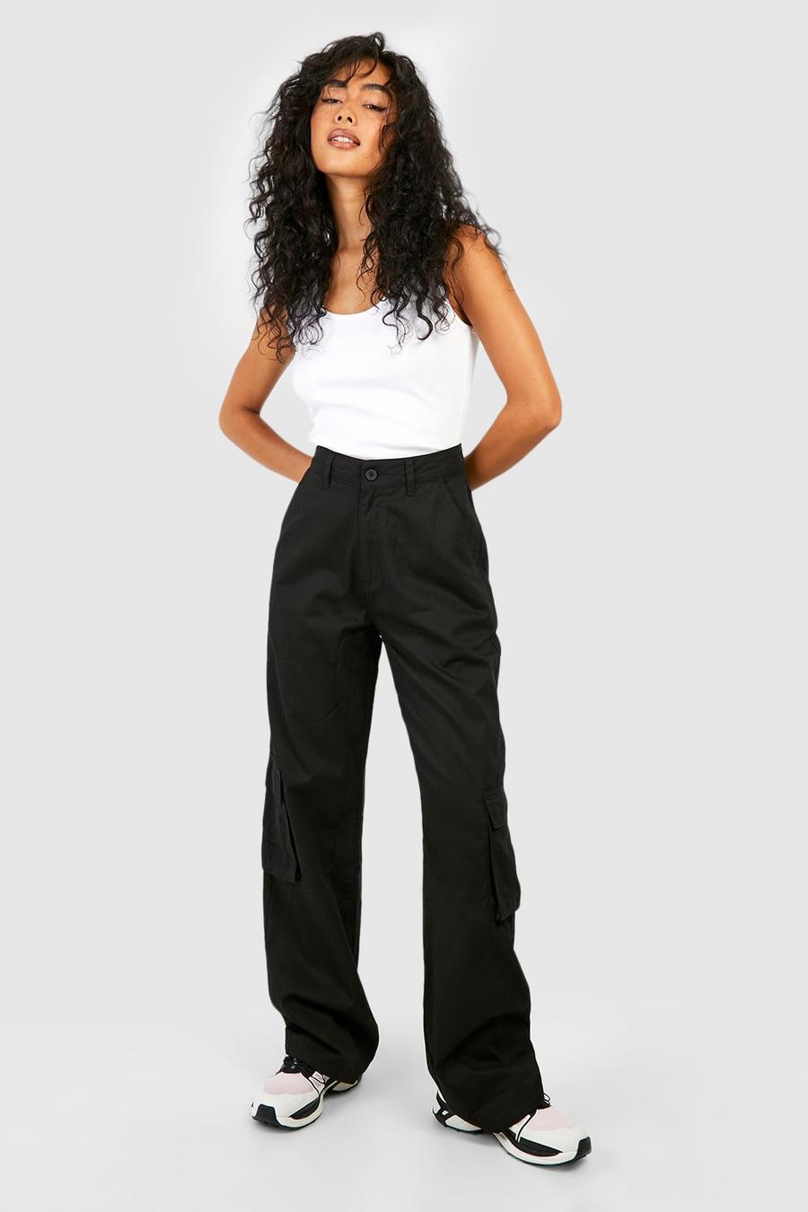 Black High Waisted Twill Straight Leg Cargo Pants image number 1
