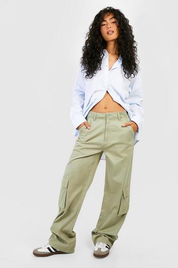 High Waisted Twill Straight Leg Cargo Pants washed khaki