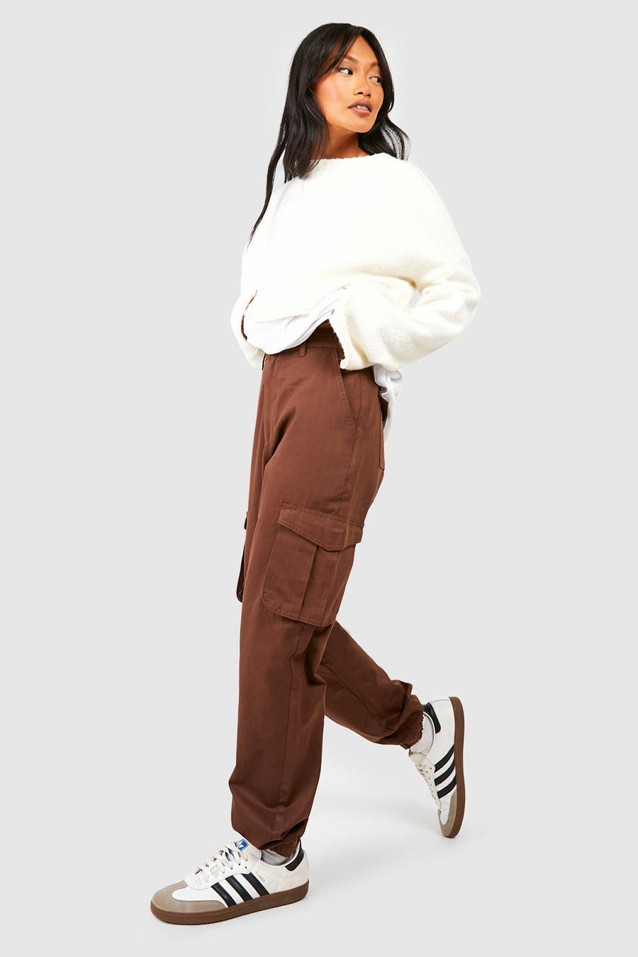 Chocolate High Waisted Twill Cargo Joggers image number 1