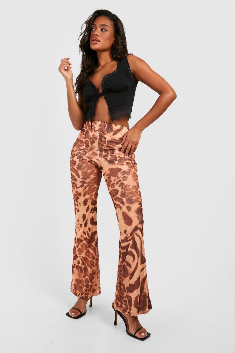 Tan Leopard Printed Mesh Flared Trousers image number 1