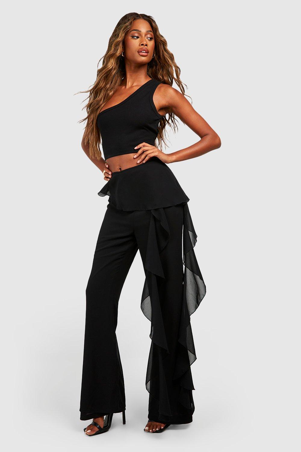  Ageena Womens Sexy Outfits Ruffles Flare Bell Bottom Pants Set  2Pcs S Black : Clothing, Shoes & Jewelry