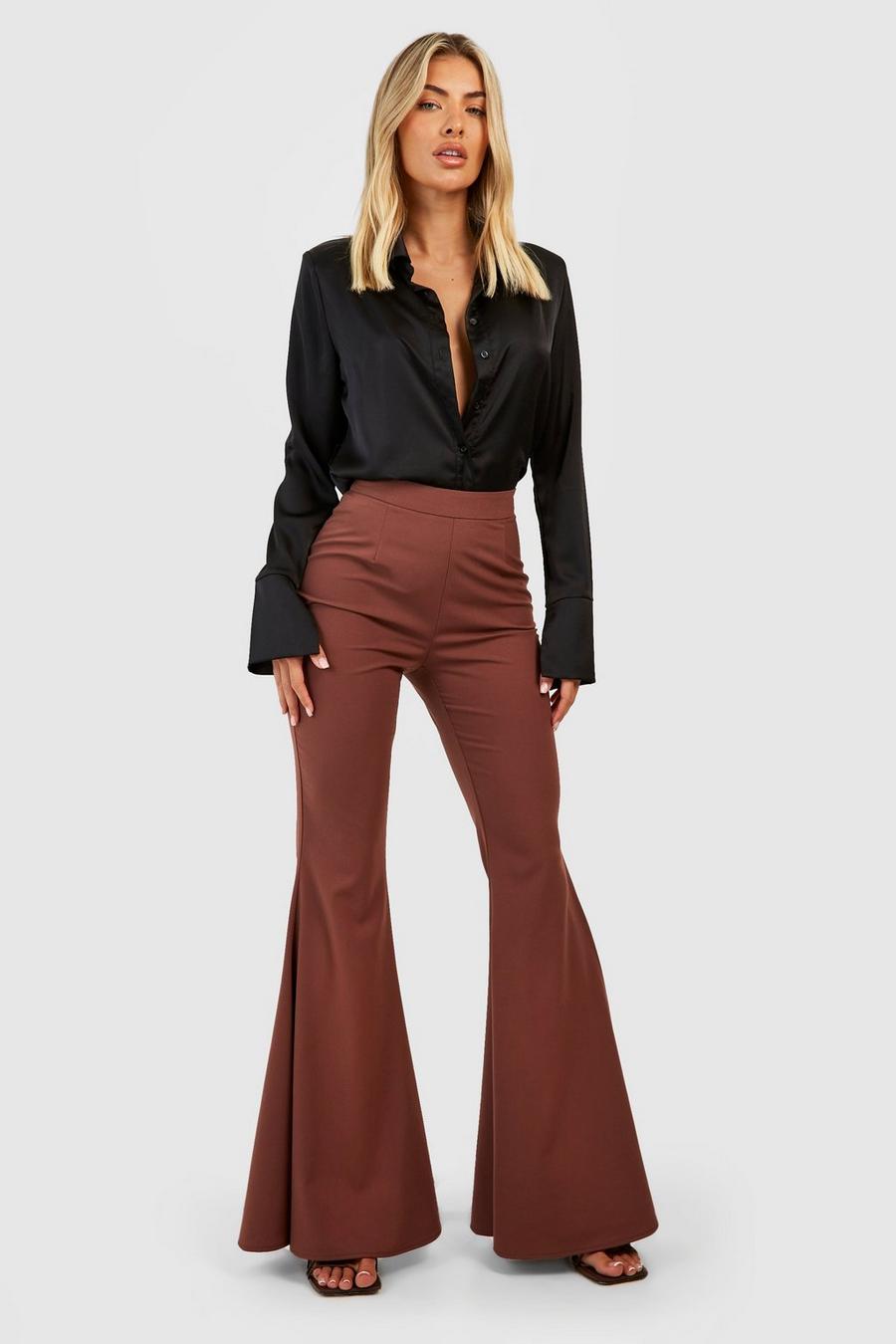 Chocolate Tailored Puddle Hem Extreme Flared Trousers image number 1