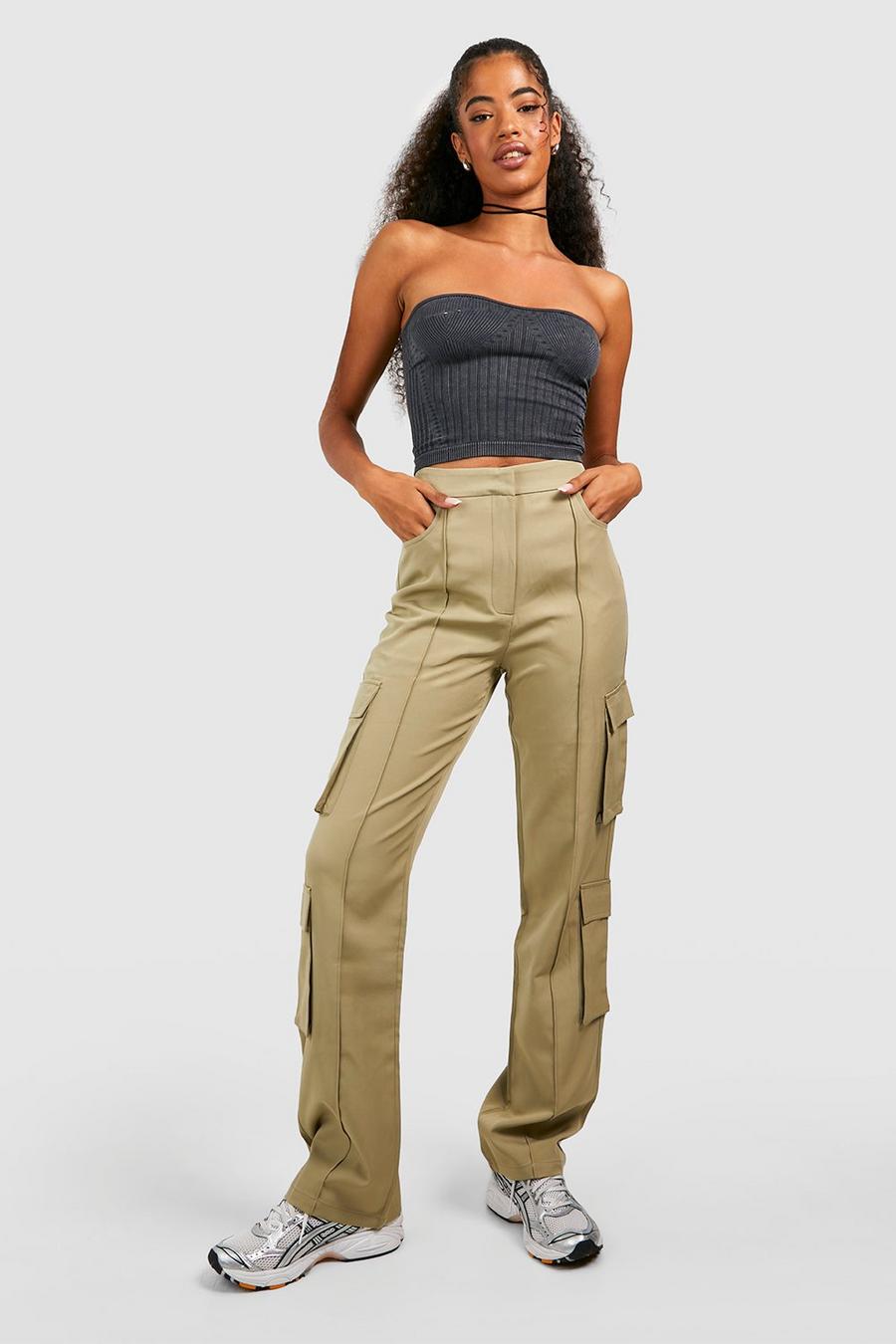 Khaki Luxe Tailored Cargo Flared Pants image number 1