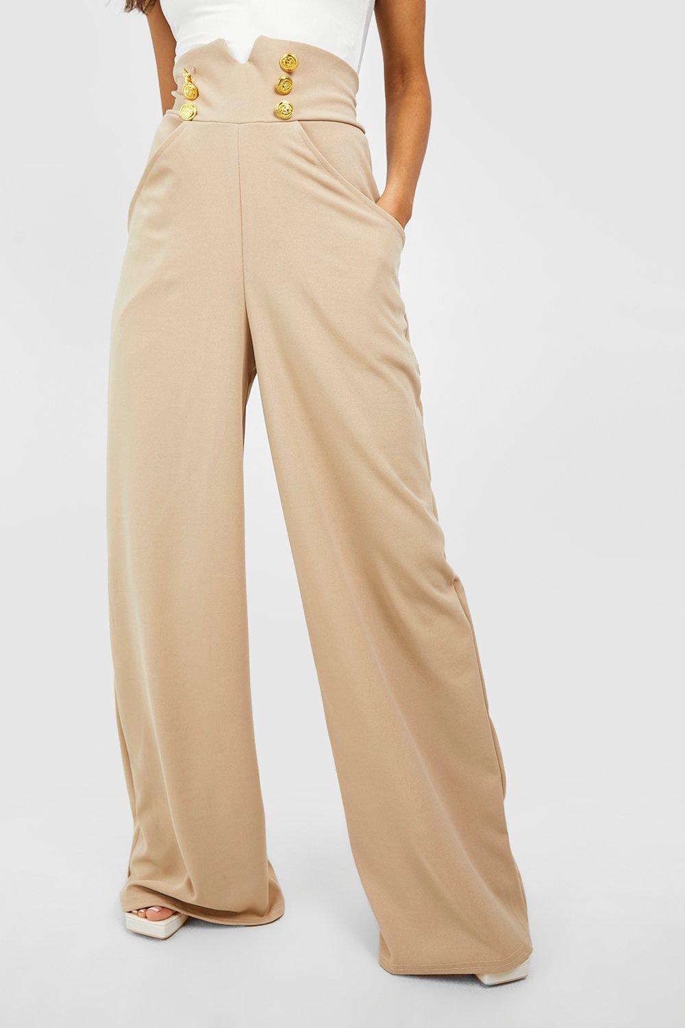 Button High Waisted Wide Leg Trousers