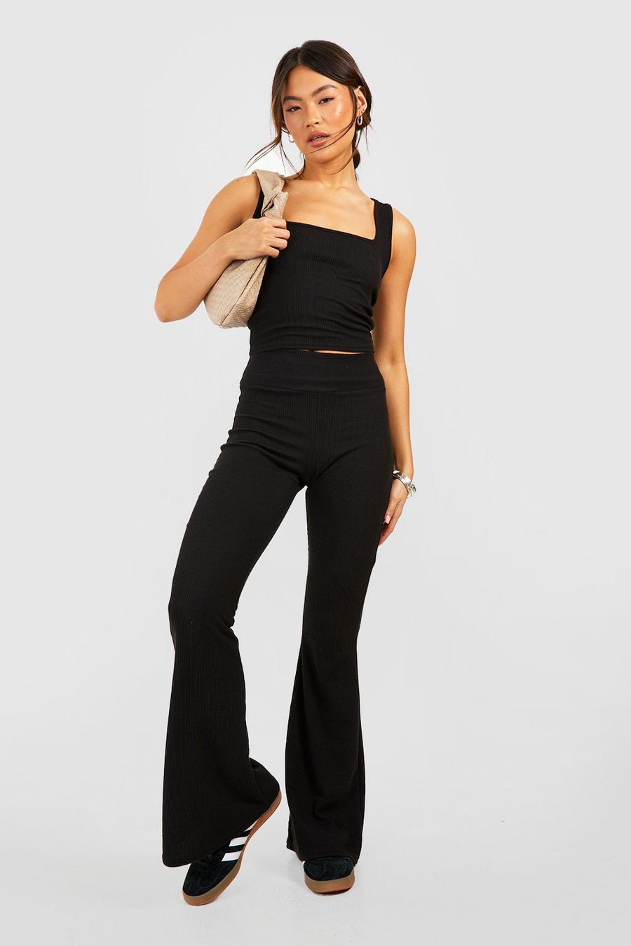 Black Crinkle Rib Thick Waistband Flares