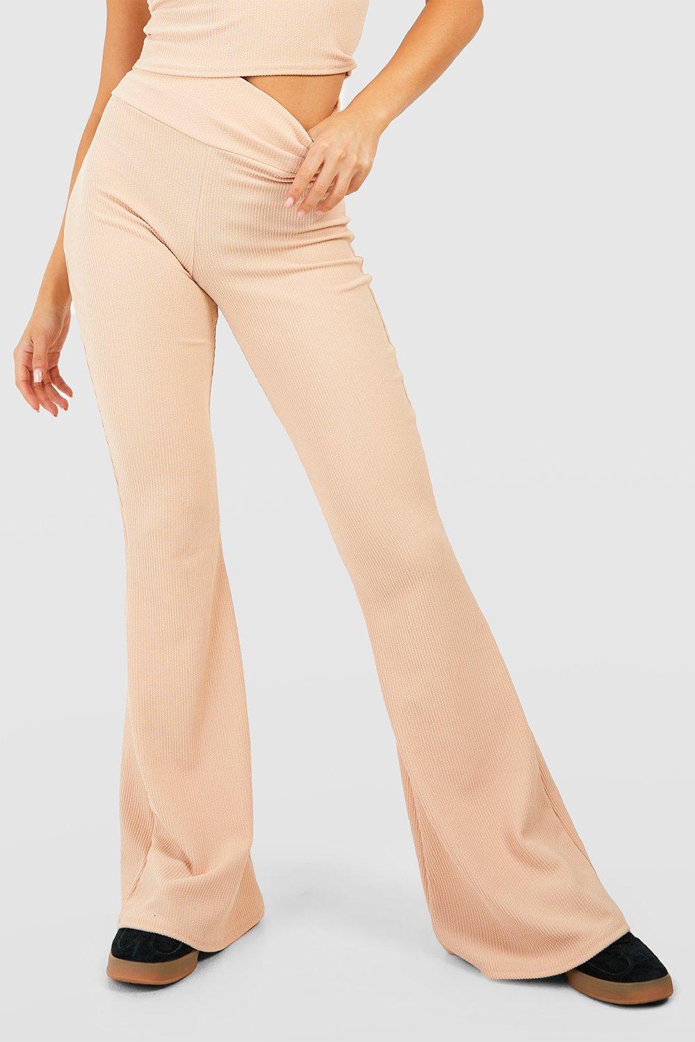 Buy Boohoo Crinkle Rib Thick Waistband Flare Pants In Beige